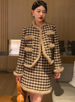 Vintage Thickened Fur-Trimmed Houndstooth Skirt Outfits Womens