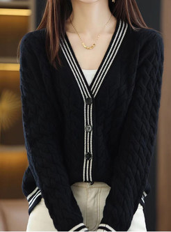 Vintage V-Neck Color Contrast Cable Open Front Knitted For Women