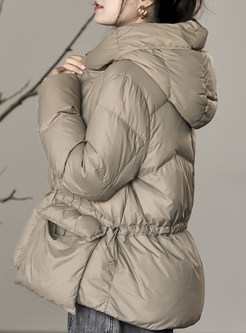 Hooded Gathered Waist Fluffy Down Jackets Womens