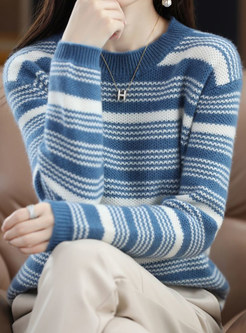 Pretty Striped Crewneck Knitwear For Women
