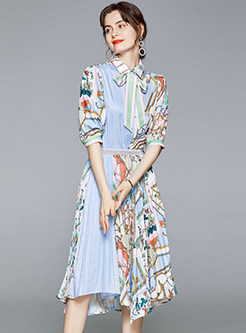Dreamy Shirt Collar Floral Print Pleated Irregular Skirt Outfits