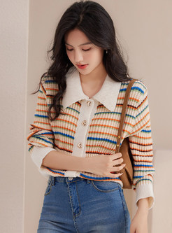 Women's Comfortable Turn-Down Collar Colorful Striped Open Front Knitted