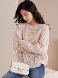 Glamorous Crewneck Sequined Chunky Knit Sweaters For Women