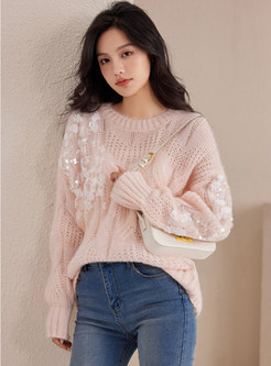 Glamorous Crewneck Sequined Chunky Knit Sweaters For Women