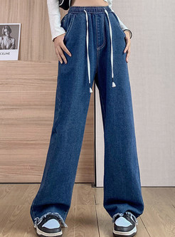 Basic Elastic Waist Baggy Jeans For Women