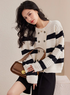 Casual Double-Breasted Striped Open Front Knitted For Women