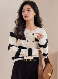 Casual Double-Breasted Striped Open Front Knitted For Women