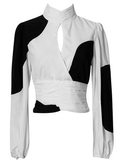 Fashion High Neck Contrasting Cut-Out Open Blouses For Women