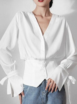 Hot V-Neck Waisted White Blouses For Women