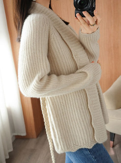 Women's Pretty Turn-Down Collar Solid Tie Waist Open Front Knitted