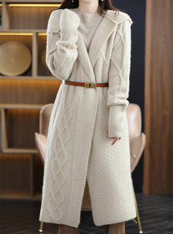 Thickened Hooded Cable Open Front Knitted For Women