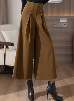 Premium Woolen Double-Breasted Wide Leg Pants For Women