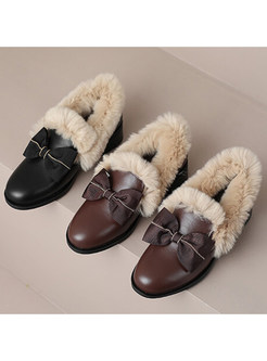 Vintage Bowknot Fur Thick Winter Shoes For Women
