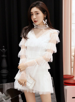 Frill Trim Side Flare Sleeve Transparent White Dresses