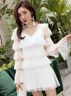Frill Trim Side Flare Sleeve Transparent White Dresses