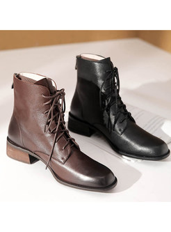Basic Chunky Heel Ankle Lace-up Boots For Women