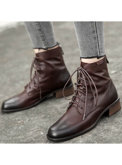 Basic Chunky Heel Ankle Lace-up Boots For Women