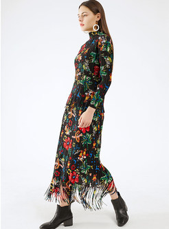 Chic Intarsia Mock Neck Long Sleeve Fringes-Trimmed Skirt Sets For Women