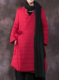Ethnic V-Neck Boxy Thickened Knot Front Womens Winter Coats