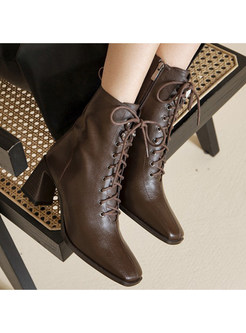 Retro Square Toe PU Ankle Lace-up Boots For Women