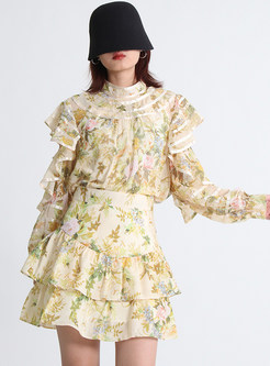 Petite Mockneck Frill Trim Skirt Suits For Women