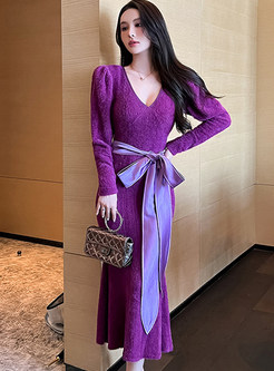 Glamorous V-Neck Bowknot Knitting Peplum Dresses