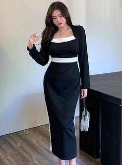 Tight Contrasting Square Neck Long Dresses