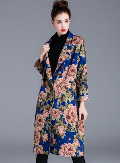 Women's Retro Floral Print Large Lapels Winter Coats