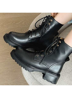 Retro Round Toe Lace Up Bootie For Women