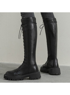 Minimalist Lace-Up Fastening Platform Knee High Boots For Women