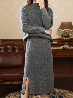 Quality Thickened Mock Neck Knitting Skirt Suit Set For Women