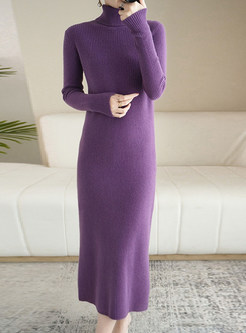 Solid Color High Neck Bodycon Sweater Dresses