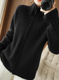 Minimalist Full Zip Mock Neck Open Front Knitted For Women
