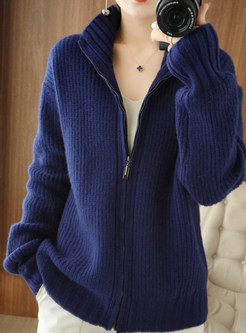 Minimalist Full Zip Mock Neck Open Front Knitted For Women