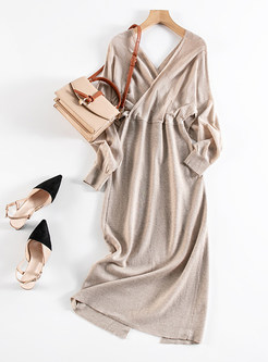 Glamorous V-Neck Wrap Waist Knitted Dresses