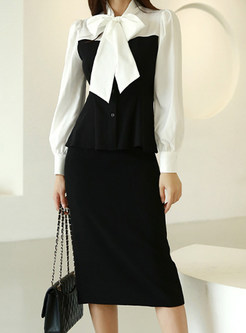 Glamorous Bowknot Contrasting Top & Black Skirts