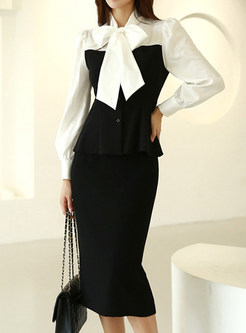 Glamorous Bowknot Contrasting Top & Black Skirts