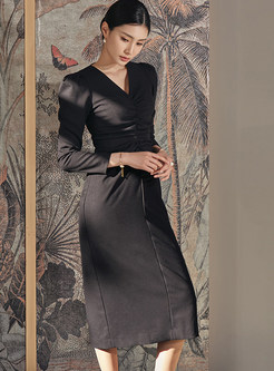 Exclusive V-Neck Pleated Front Business Dress
