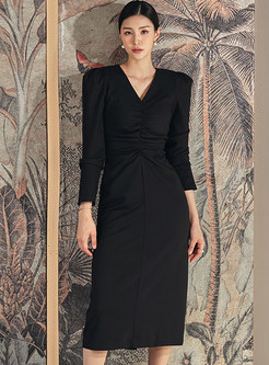 Exclusive V-Neck Pleated Front Business Dress