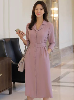 Large Lapels Single-Breasted Office Dresses With a Belt