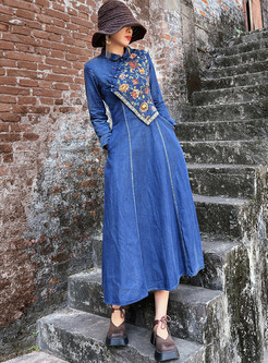 Vintage Embroidered Fitted Denim Dresses