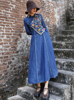 Vintage Embroidered Fitted Denim Dresses