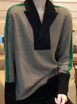 Basic Large Lapels Houndstooth Knitwear For Women