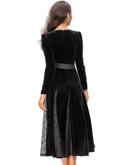 Fantasy Plunging Neck Waisted Velvet Black Dresses