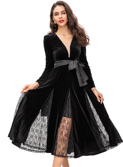 Fantasy Plunging Neck Waisted Velvet Black Dresses