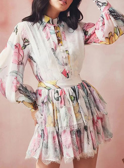 Sweet Floral Print Pleated Mini Dresses