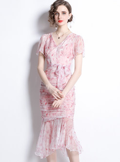 Quality V-Neck Printed Peplum Dresses