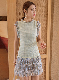 Vintage Fringes-Trimmed Tweed Short Dresses