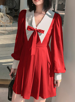 Fashion Lantern Sleeve Bowknot Chiffon Dresses