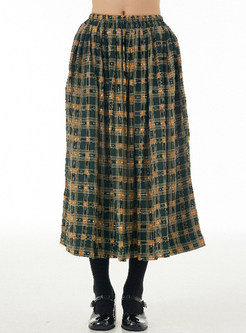 Vintage Elastic Waist Plaid Maxi Skirts Women